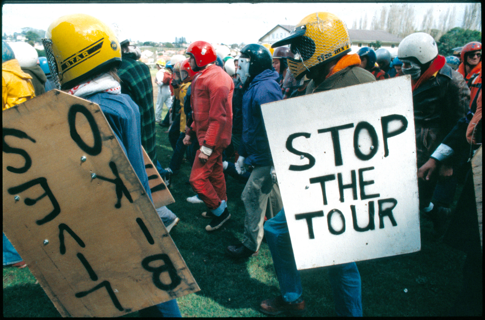 Protesters at the Springbok rugby tour of New Zealand 1981. 