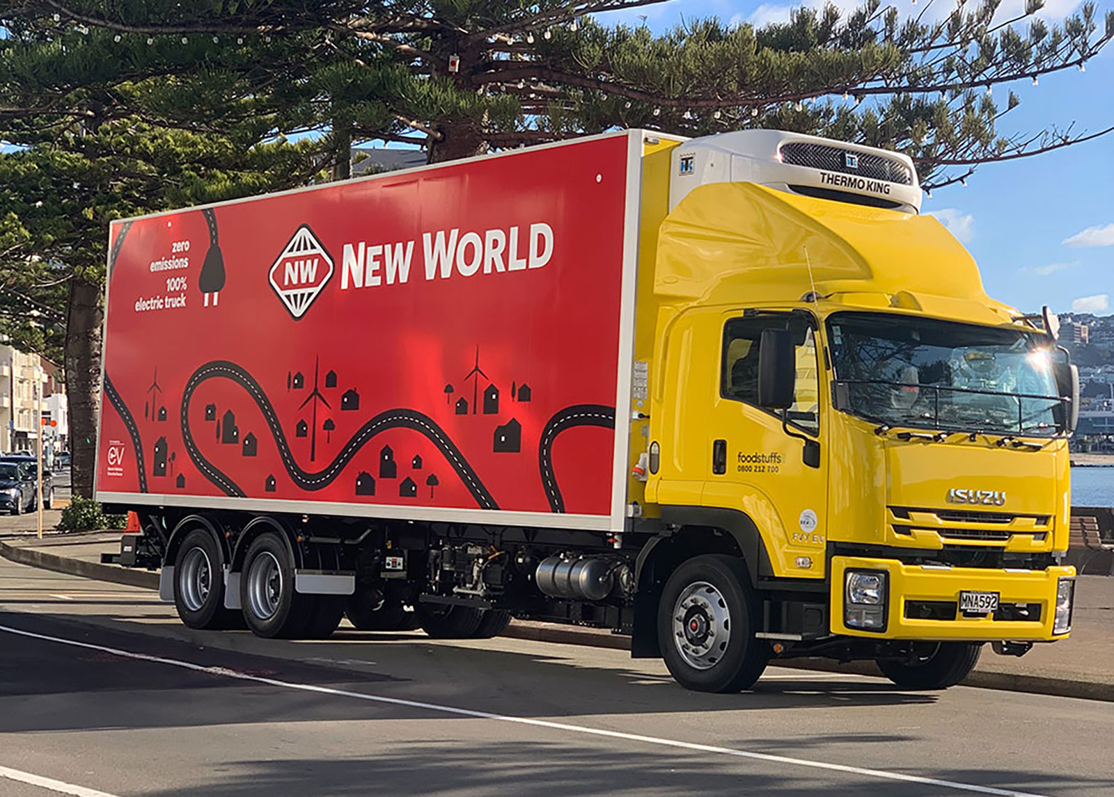 Foodstuffs New Zealand electric truck on Oriental Bay in Wellington.. 